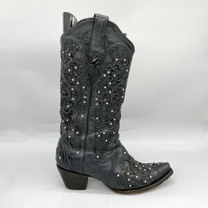 Corral Womens 8.5 M Black Inlay Studded Western Boots Leather Floral Snip Toe